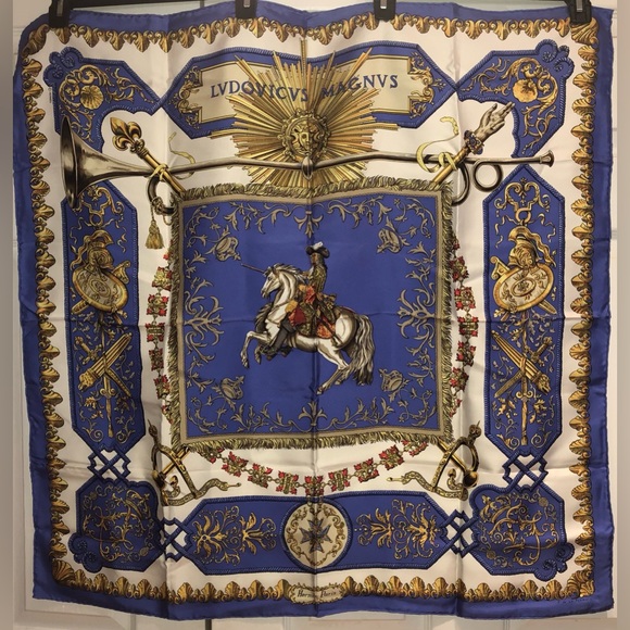 Hermès Authentic“LVDOVICVS MAGNVS” Blue Multi💯%Silk Scarf - Picture 3 of 15